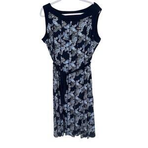 Perceptions Woman Dress 18W  Blue Paisley Midi Pleated Belted Casual Career